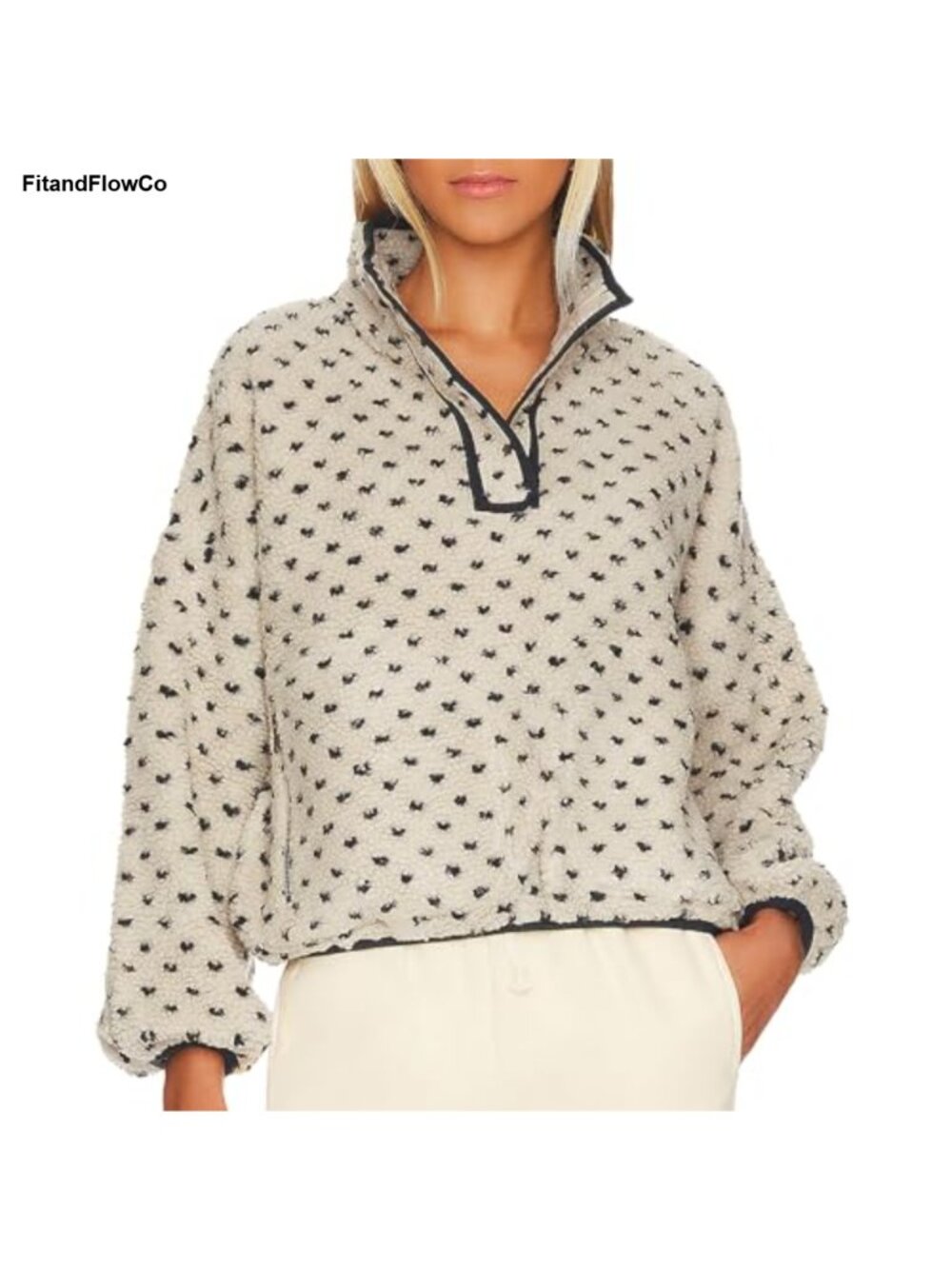 Fleece Sherpa Pullover Cropped Sweatshirt Snap Button Checkered Winter